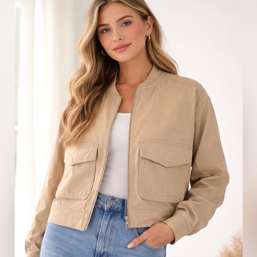 Nicole Miller New York tan/camel 100% cotton cropped denim zip jacket size L NWT